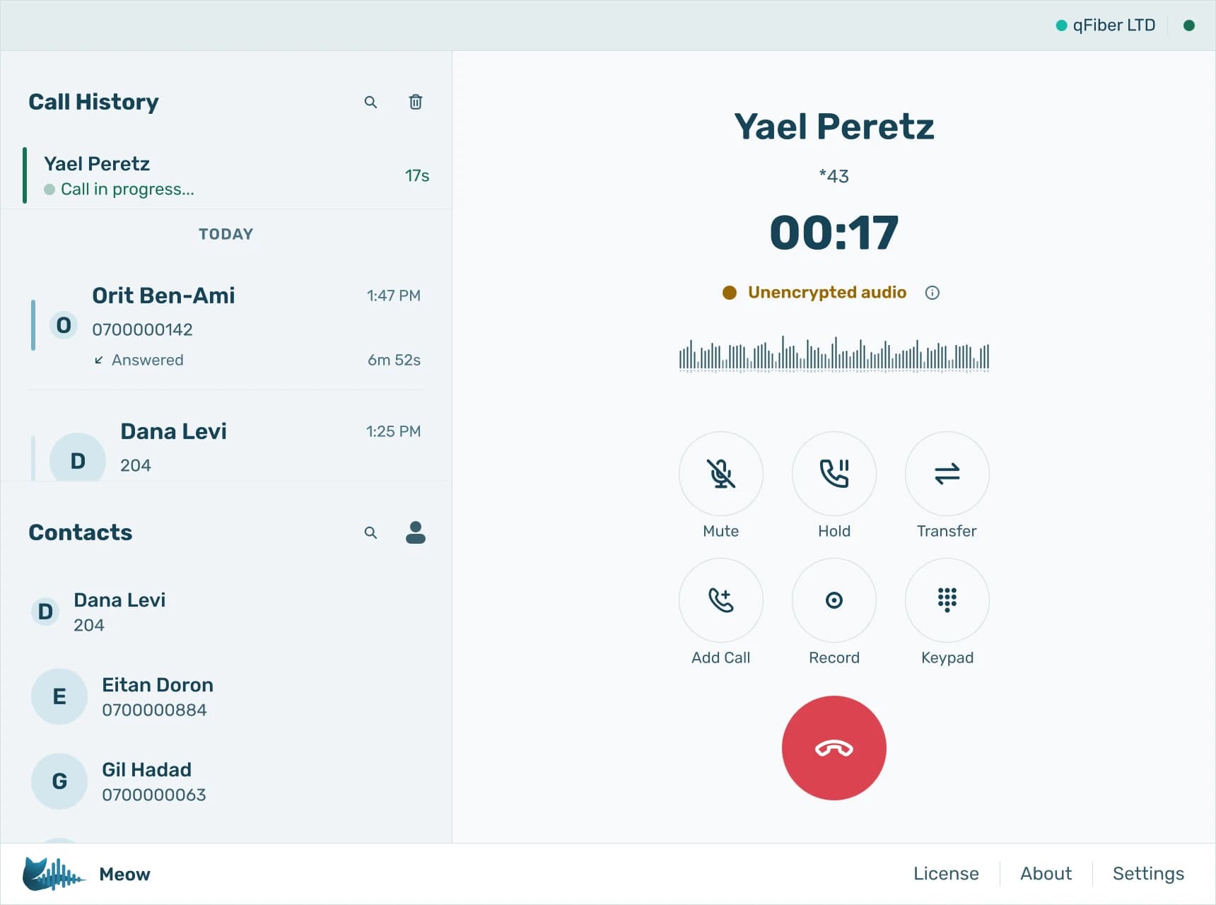 An active call in Meow showing the call timer, audio level meter, and controls for mute, hold, transfer, add call, record and keypad