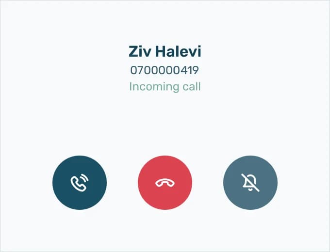 Meow's incoming call window showing the caller's name and number with answer, decline and silence buttons