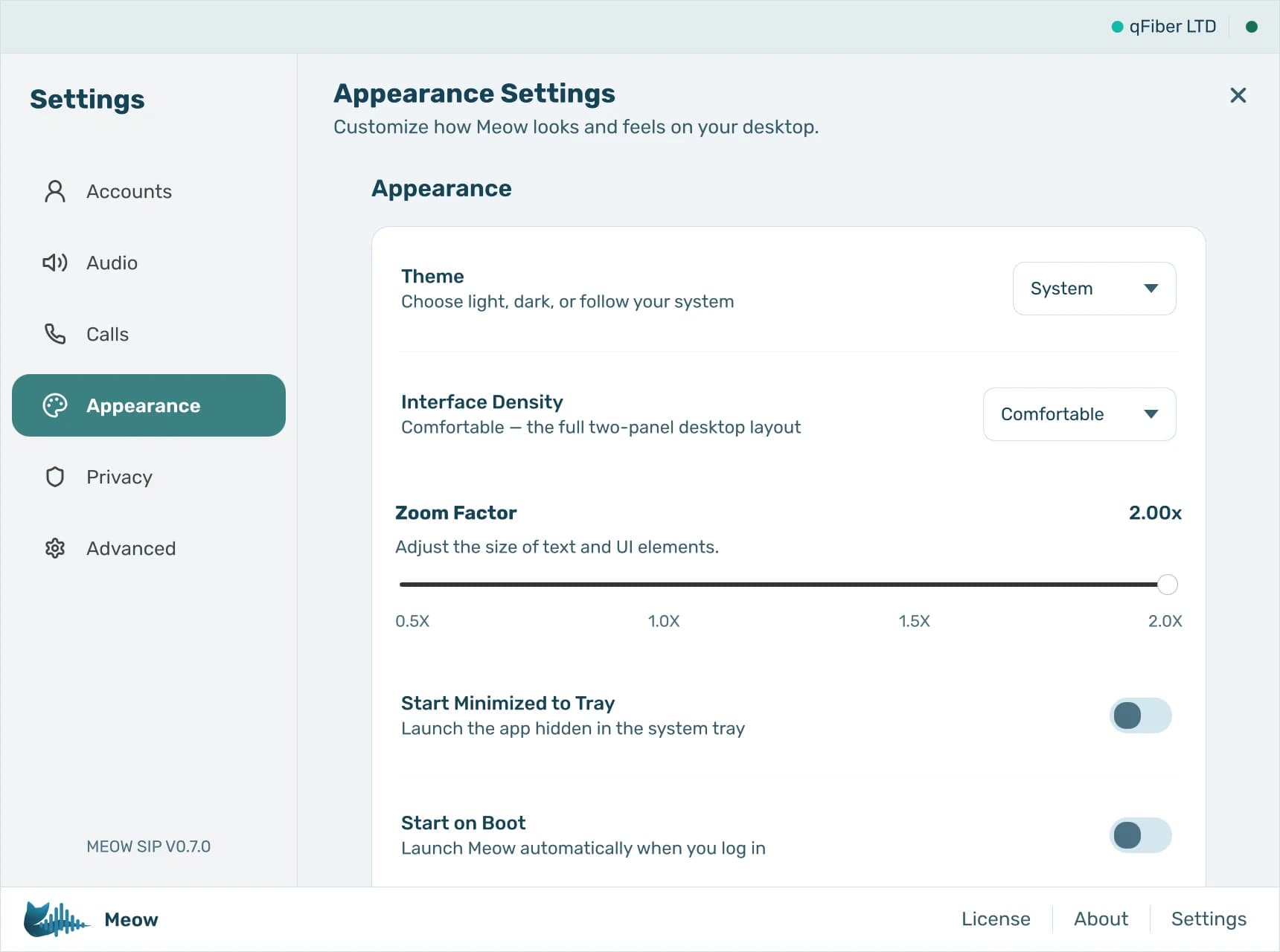 Meow's appearance settings with theme, interface density, zoom factor slider and startup options
