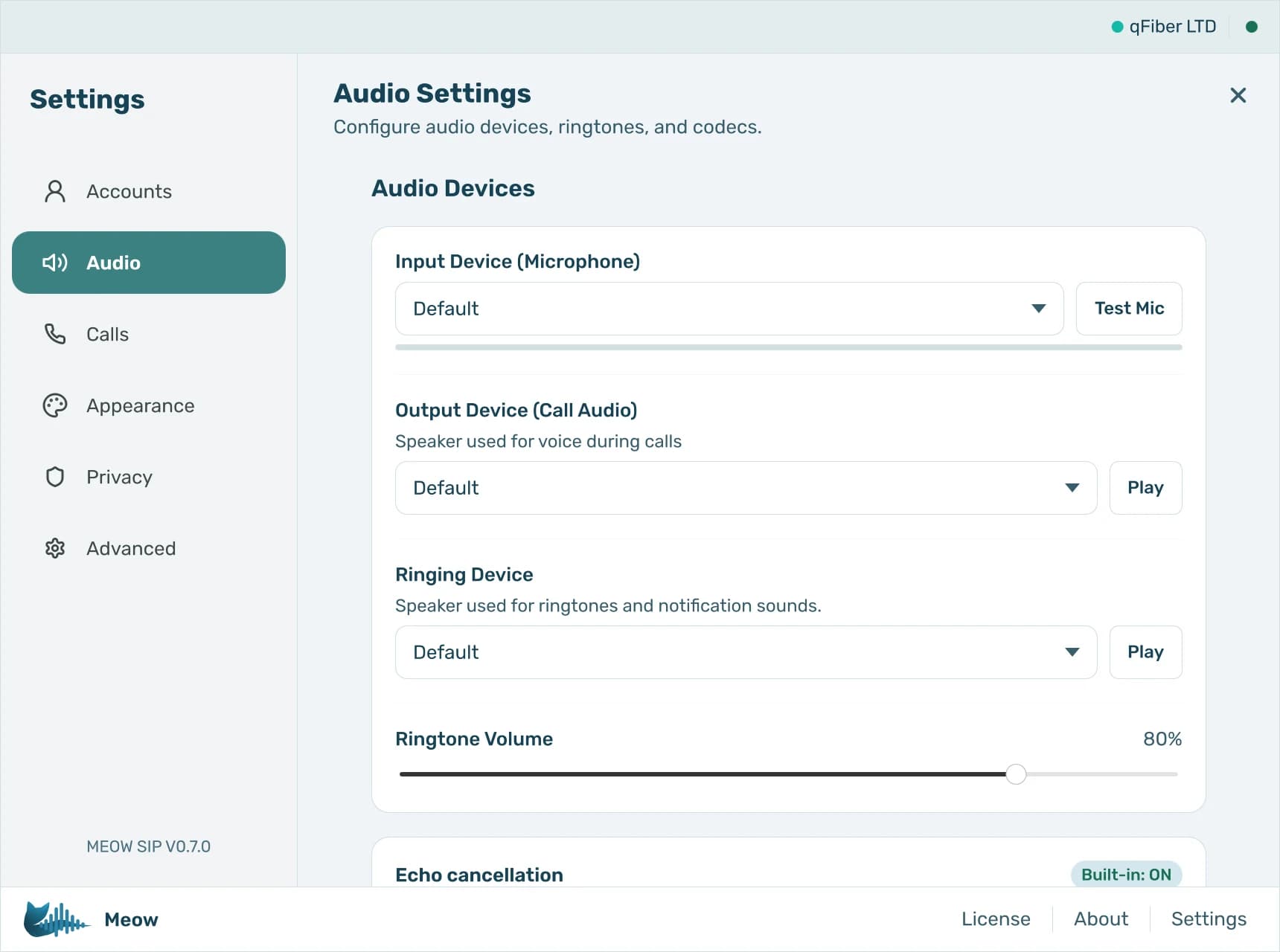 Meow's audio settings with separate pickers for microphone, call output and ringing device, plus ringtone volume