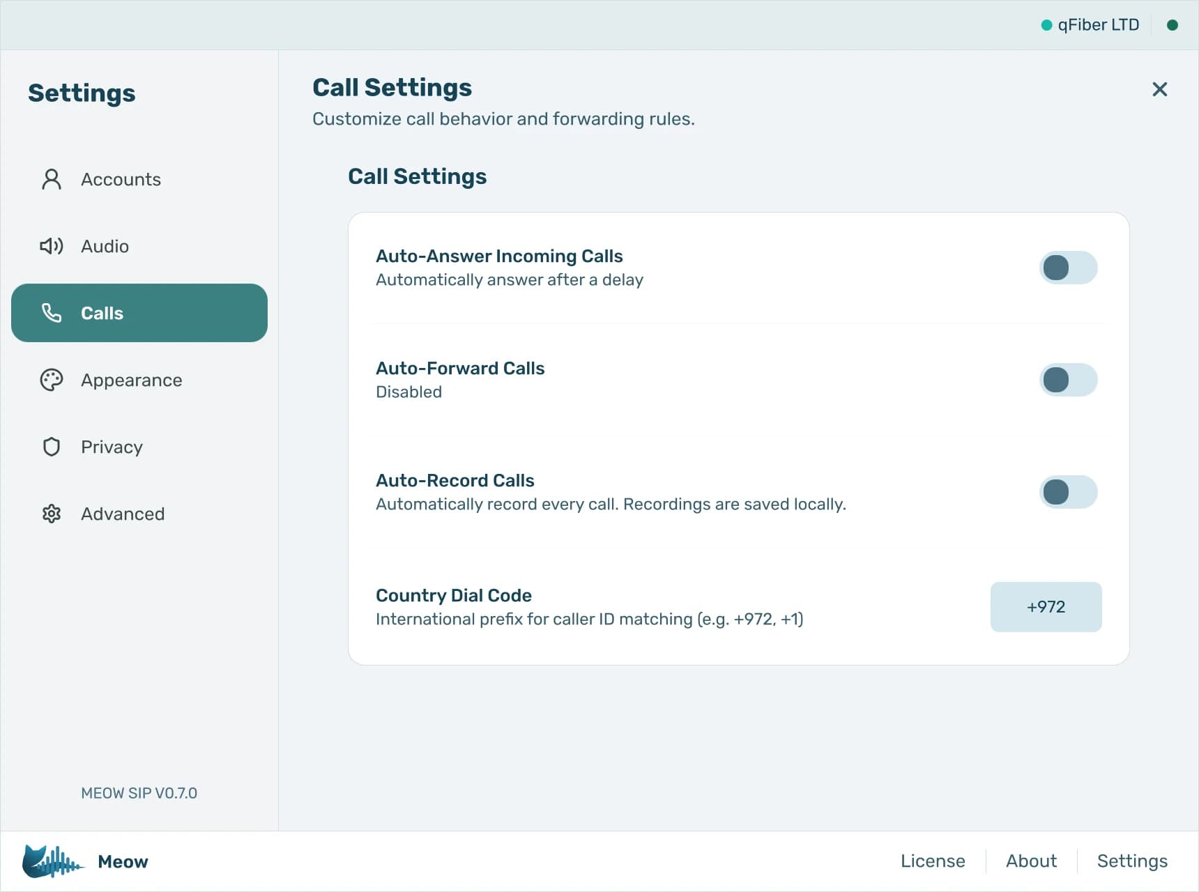 Meow's call settings showing auto-answer, auto-forward, auto-record toggles and a country dial code field