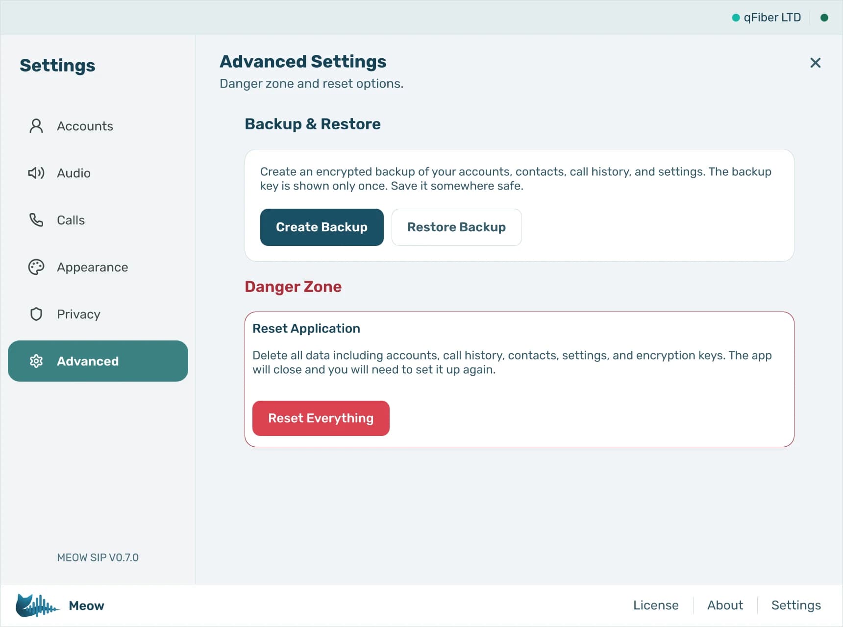 Meow's advanced settings offering an encrypted backup of accounts, contacts, call history and settings, and a reset option that deletes all local data